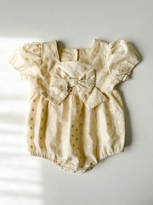 LINEN BOW FRONT ROMPER - DAISY EMBROIDERED
